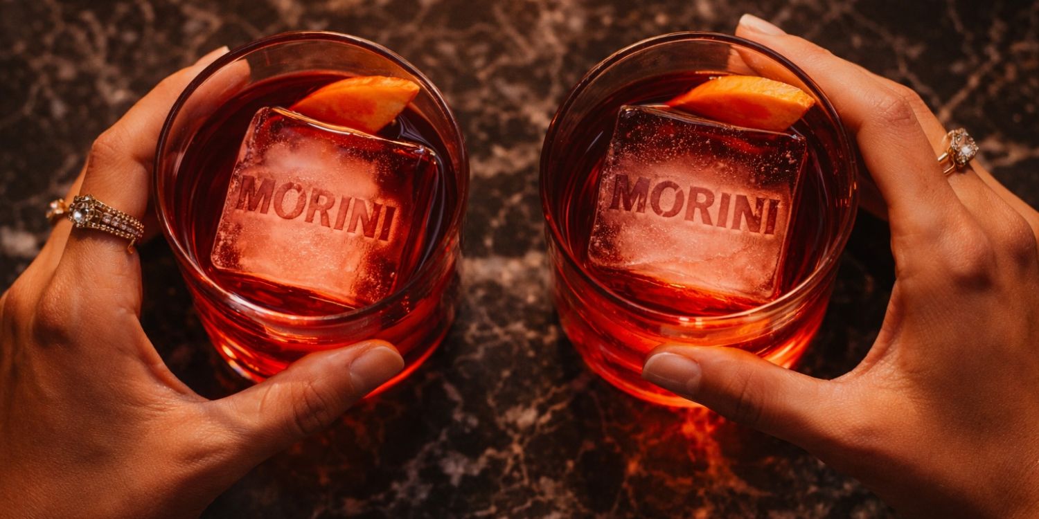 Two hands holding Negronis over a marble bar, each with a large ice cube stamped Morini.
